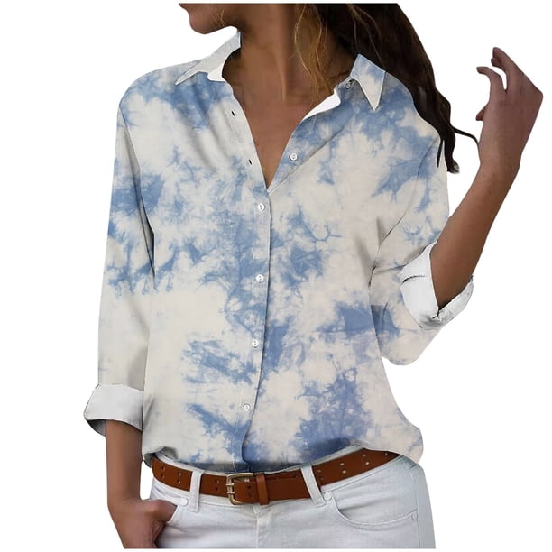 Camisetas de Mujer Casual, Manga Larga Impresa Solapa Botón Arriba Blusa, Ajuste Regular Poliéster Superior