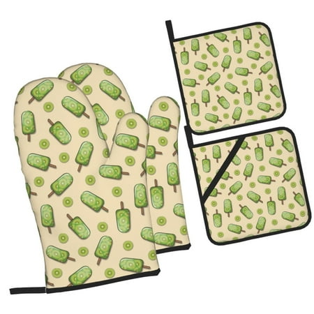

Balery Kiwi Ice Cream Pattern Oven Mitts and Pot Holders 4 pcs Set Kitchen Oven Glove High Heat Resistant 500℉ Oven Mitts with Non-Slip Silicone Surface