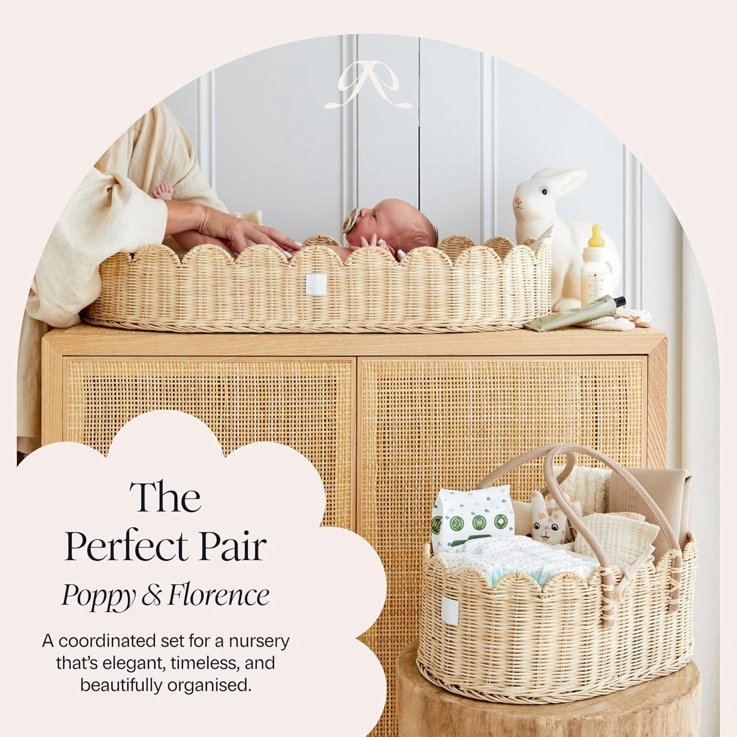 Premium  Diaper Caddy Organizer - Handmade & Award-Winning Scalloped Rattan Basket