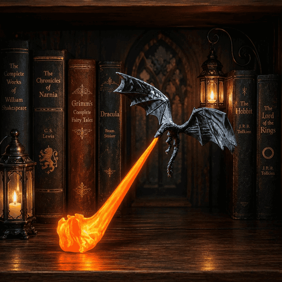 Dragon Bookshelf Nook Light, 3D Printed Fire-Breathing Fantasy Shelf Decor with Lighting, Flying Dragon Design, Red or Blue Flame, Book Lover Gift, Halloween Shelf Display(RL)