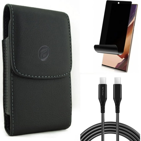 Case Belt Clip & 10ft Long USB-C Cable & Privacy Screen Protector for Samsung Galaxy Note 20 Ultra (6.9") - Combo with Leather Holster & PD Fast Charger Cord Power & TPU Film Anti-Peep
