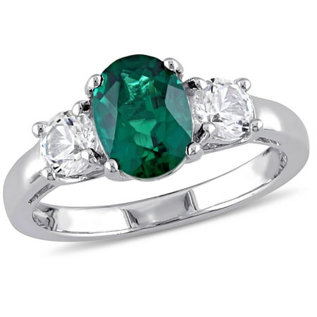 Tangelo 1-5/8 Carat T.G.W. Oval-Cut Simulated Emerald, Round-Cut Created White Sapphire Sterling Silver Three-Stone Engagement Ring