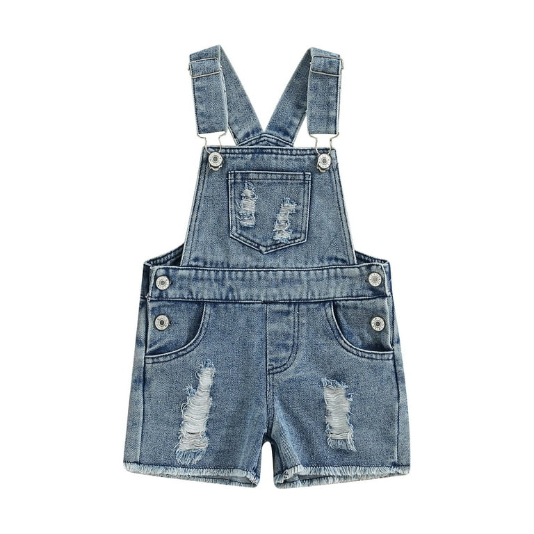 Qtinghua Toddler Baby Girl Boy Overalls Kids Adjustable Strap Jumpsuit  Romper Ripped Jeans Denim Shortalls with Pocket Blue 4-5 Years