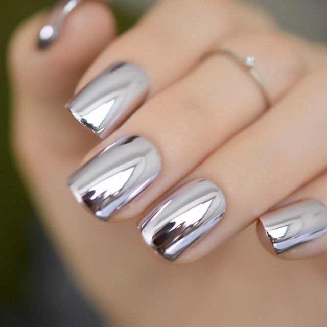 Coolnail brillante estilo punk metálico claro púrpura uñas postizas chapado de metal acrílico espejo reflectante corto Presione sobre las puntas del arte del clavo