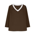 thumbnail image 4 of Womens T shirt 3/4 Sleeve Summer Tops V Neck Lace Trim Blouses Soft Cotton Linen Solid Color Tops Trendy Retro Autumn clothes Embroideried Pretty Outfits, 4 of 6
