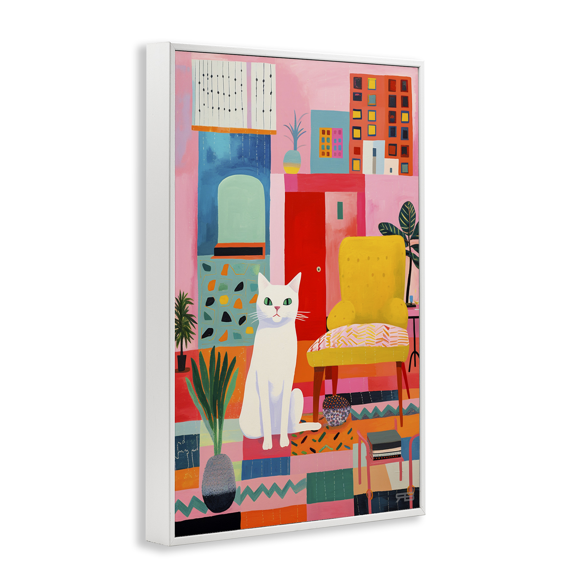 Stupell Industries Cat in Eclectic Interior Animals & Insects Painting White Framed Art Print Wall Art, 12 x 18