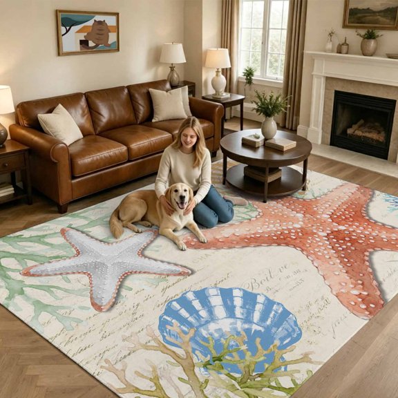 Orange Starfish Coastal Washable Area Rug 5x7 Summer Nautical Seashells Green Coral Low-Profile Large Area Rugs with Non Slip Backing Indoor Floor Carpet for Entrance Living Room Bedroom Home Office