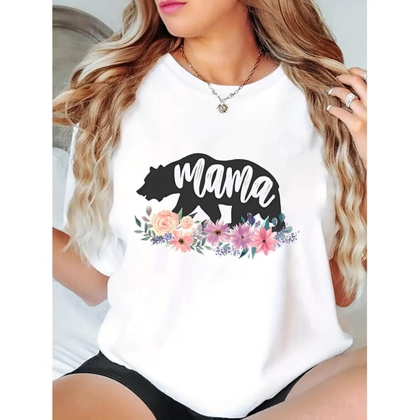 Camisetas Coloridas con gráficos para Mujer, Manga Corta, Cuello Redondo, Camisetas de Verano Lindas, Blusas Ligeras InformalesWomen'S Casual Floral Bear Print T-Shirt, Polyester Blend, Crew Neck, M