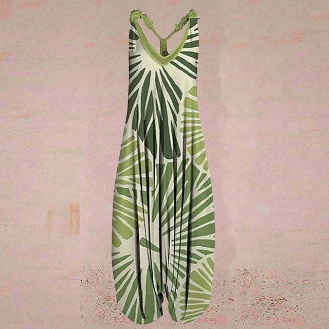 LOVZFMLL Combinaison Sans Manches à Col en V Dos Nu Imprimé Vintage Mode Décontractée Aguichant pour Femmes Vert m