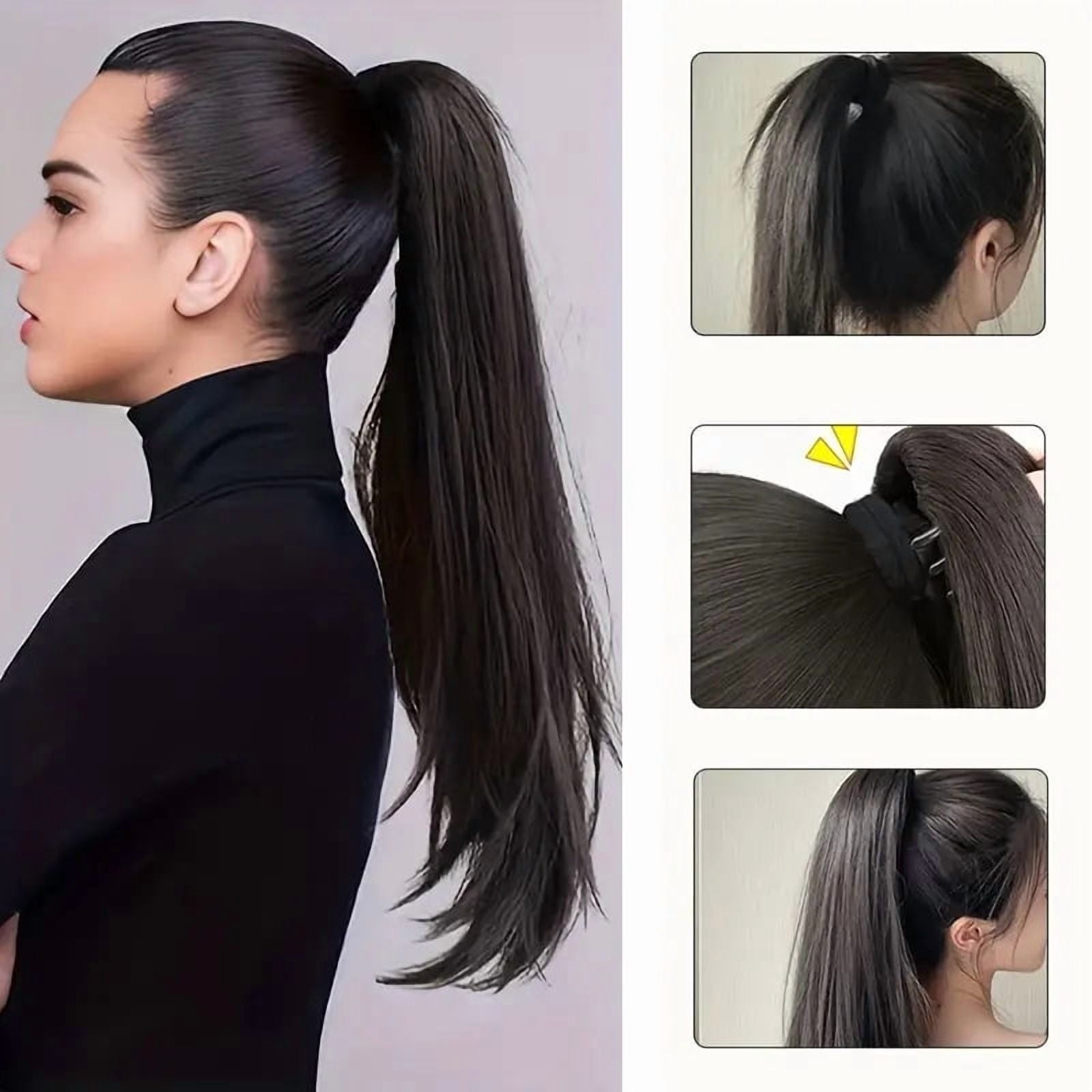 Synthetic 16Inch/20Inch Long Straight Grab Clip In Ponytail Hair Extensions Black Hairpiece for Women Hair Accessories