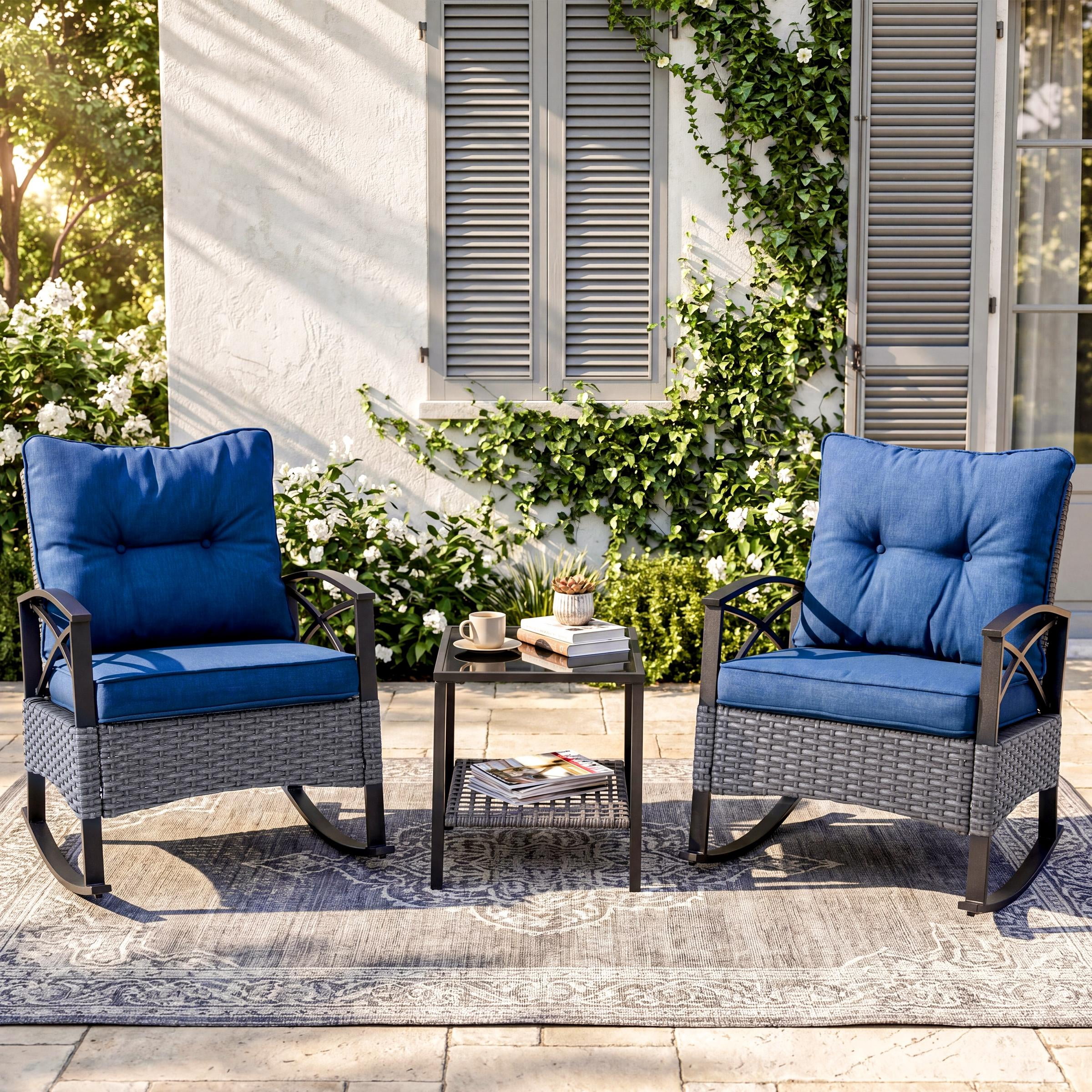 3 PCS Rocking Bistro Set, Outdoor Patio Porch Furniture Sectional Chairs with Coffee Table, PE Rattan Patio Furniture Conversation Set for Lawn Pool, Courtyard, Garden, Balcony - Blue