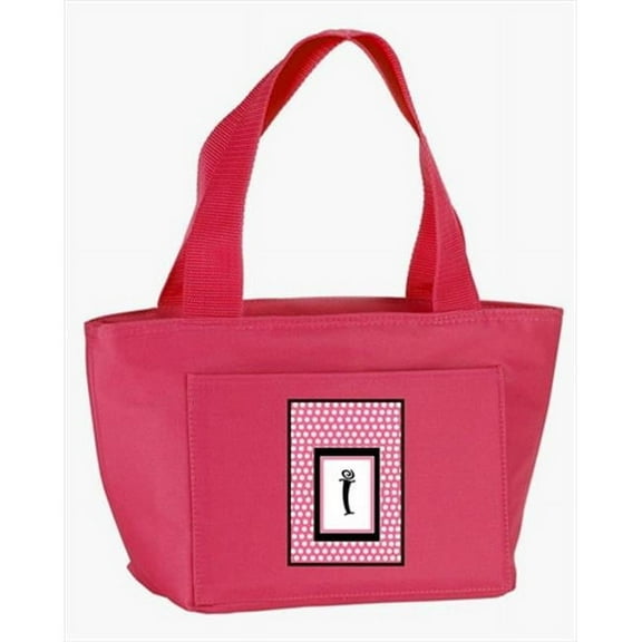 Monogram Letter I - Pink Black Polka Dots Lunch Bag or Doggie Bag
