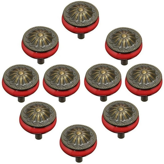 HDJNal 10 Pcs Vintage Red Ceramic Door Drawer Handles, 33mm Round Drawer Knobs, Furniture Knobs, Door Knobs, Mushroom Shape Furniture Handles for Cupboards , Dresser , Kitchen, Children's Room