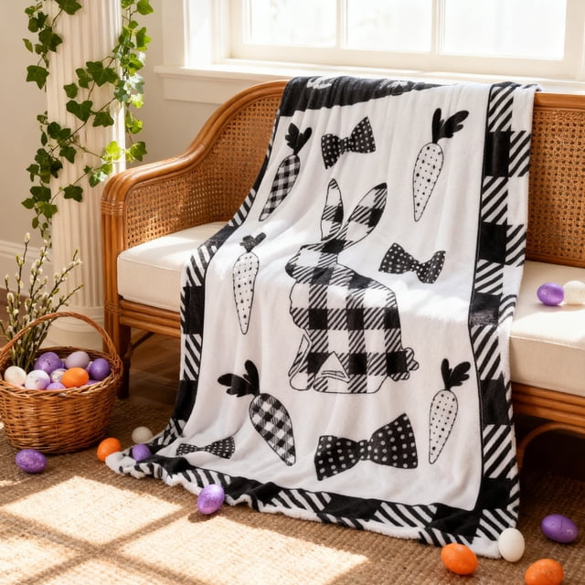 Manta de Pascua con Estampado de Conejito y Huevos de Pascua, Ideal para Sofá Cama, Decoración Navideña de Primavera.