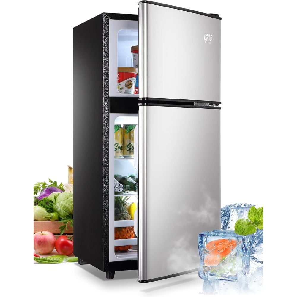 3.5 Cu.Ft Compact Mini Refrigerator with Freezer 2‑Door Small Fridge 16.69"W x17.52"D x34.18"H ABS&Steel Construction Adjustable Thermostat Removable Glass Shelves for Dorm Apartment Office Bar