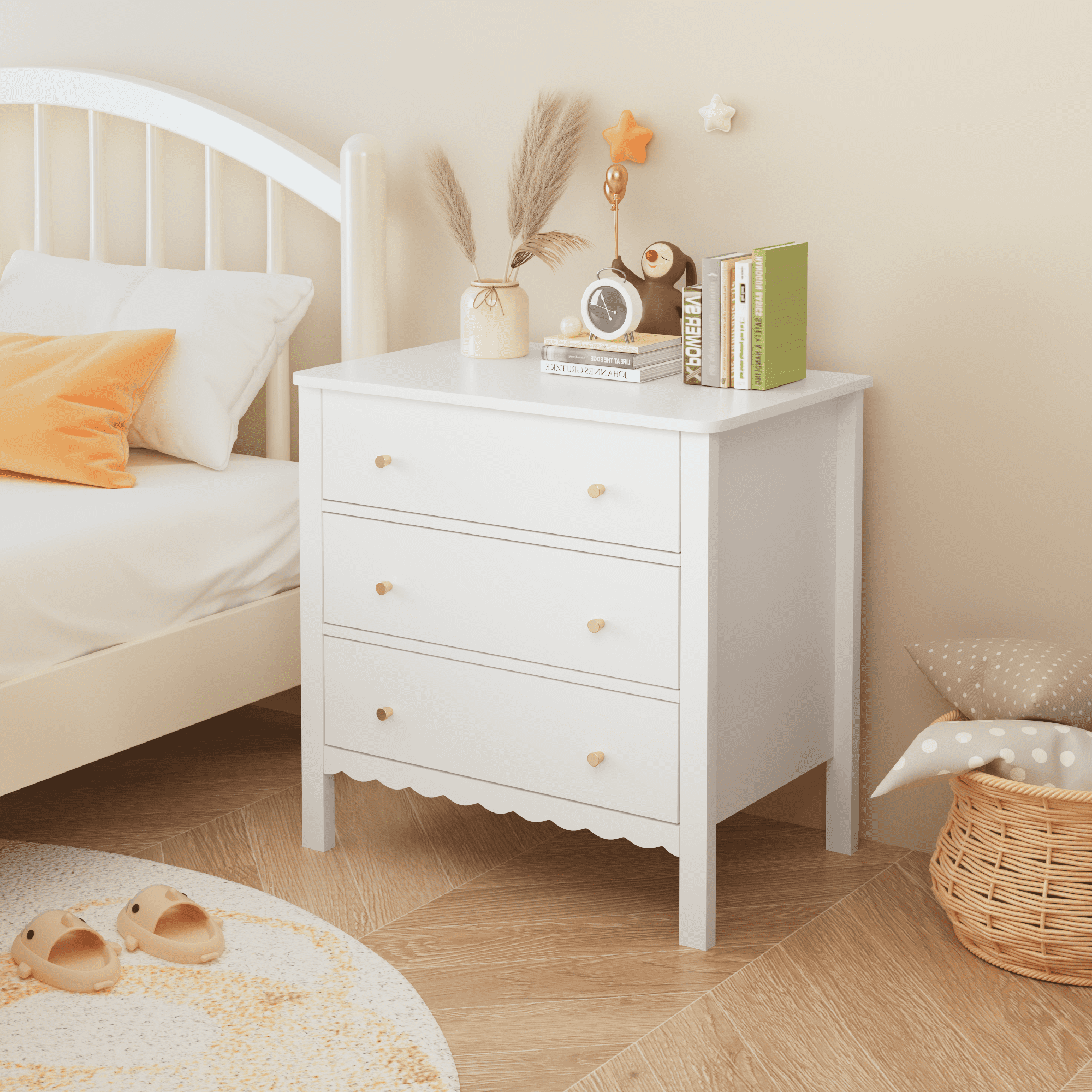 White 3 Drawer Dresser for Bedroom, Modern MDF Painted Chest of Drawers with Gold Knobs, Wooden Storage Cabinet for Kids, Nursery, Living Room or Entryway
