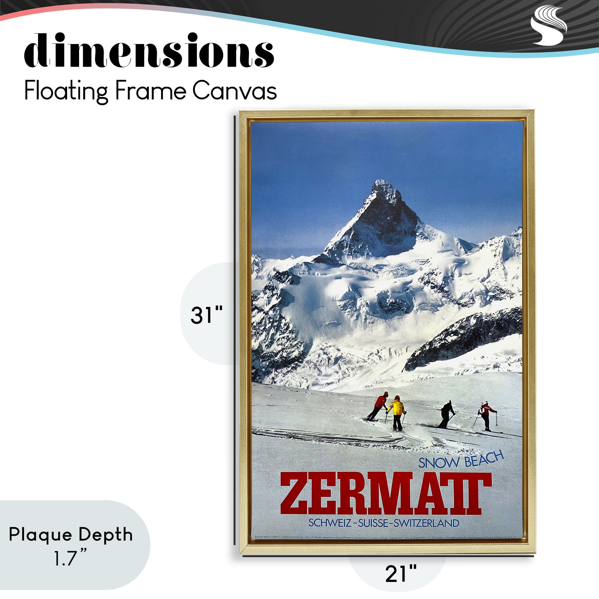 Stupell Industries Zermatt Snow Beach Gold Framed Floater Canvas Wall Art, design by Vintage Posters