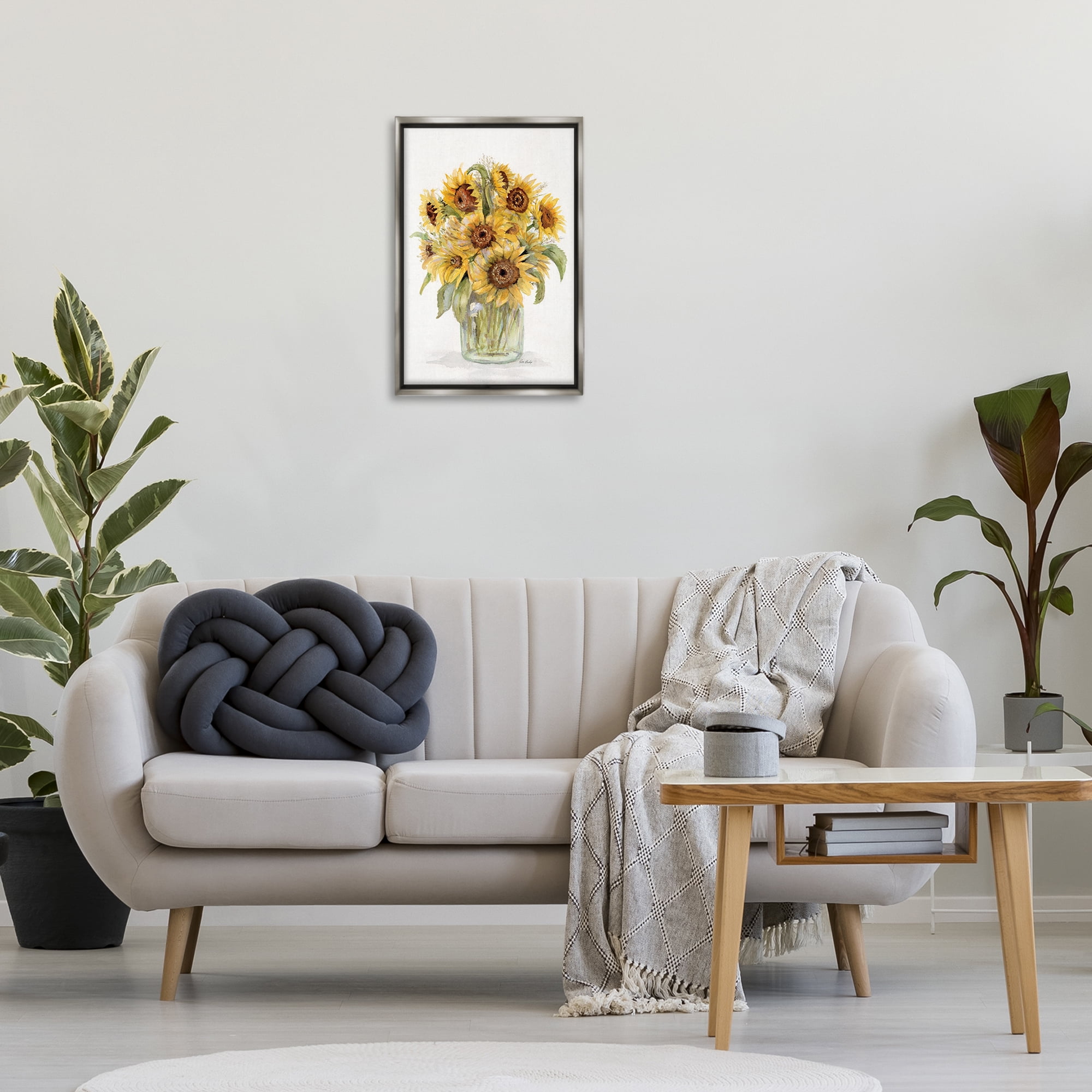 Stupell Industries Sunflower Jar Bouquet Botanical & Floral Painting Gray Floater Framed Art Print Wall Art, 17 x 25