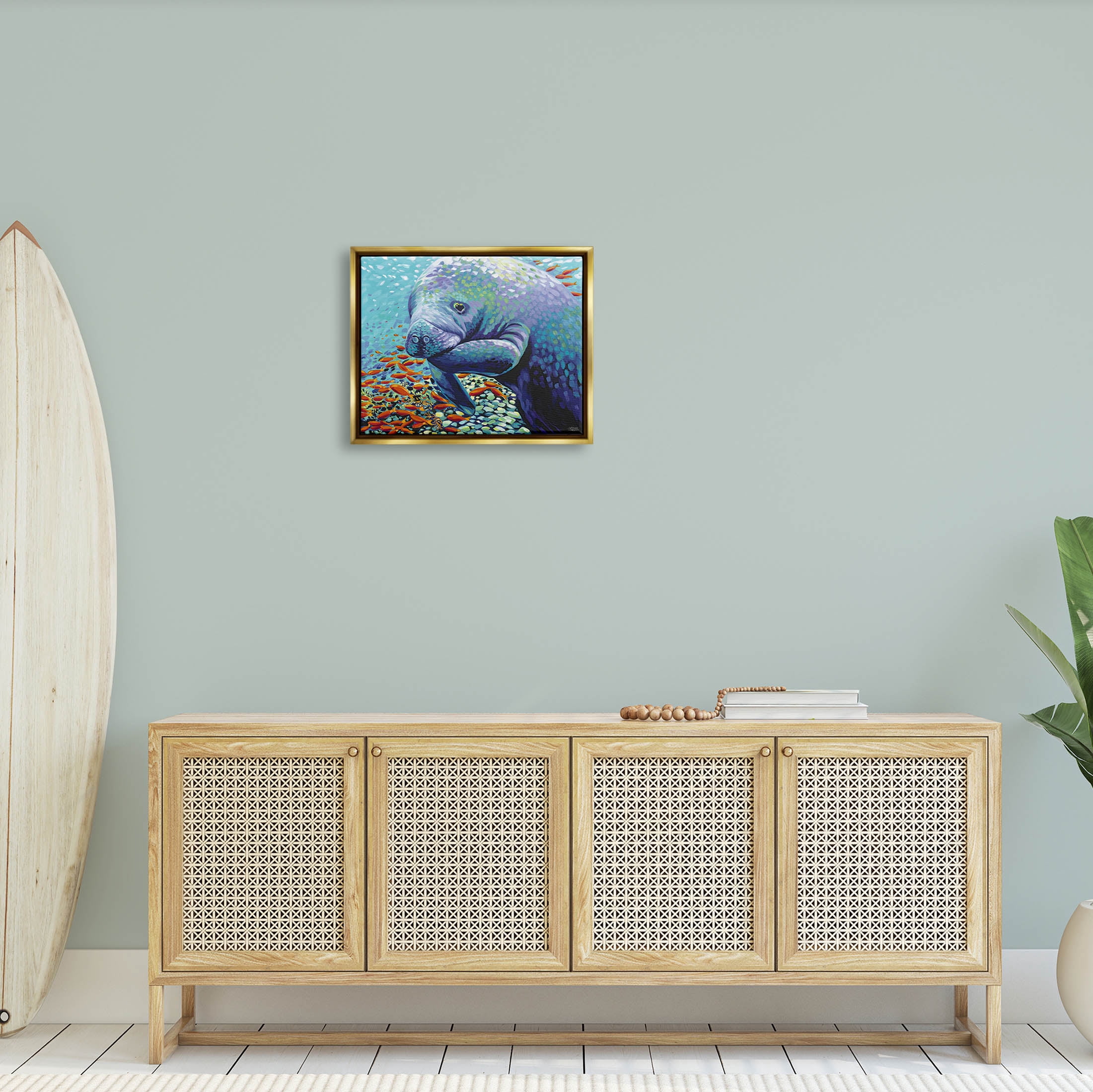 Stupell Industries Underwater Manatee Impressionist Painting Metallic Gold Floating Framed Canvas Print Wall Art, Design by Carolee Vitaletti