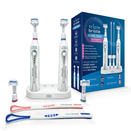 Triple Bristle Sonic Duo Electric Toothbrush - Perfect for Families, Kids & Couples - Keeps Bathroom Counter Clean - 2 Toothbrushes & Dual Rechargeable Stand - 4 Bristles - Who Wants To (Best Tooth Filling Over The Counter)