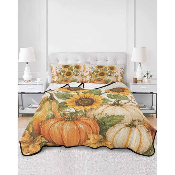 Quilts Full Size, Fall Thanksgiving Soft Comforter Bedding Set for Bed, Orange Pumpkin Maple Leaf Sunflower Country Lightweight Quilted Bedspread with Pillow Cover(2 Pieces), 78x90 Inch