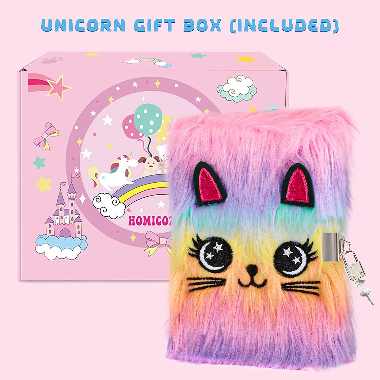 JYPS Cat Diary with Lock and Keys,Plush Secret Journal,Hardcover Fluffy Notebook for Writing and Drawing,Cute Fuzzy Stationary Gifts