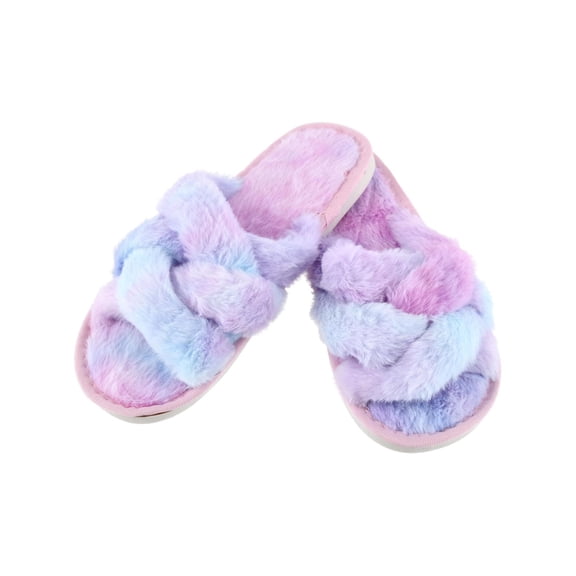 CTM Open Toe Cross Band Fur Slide Slippers (Women)