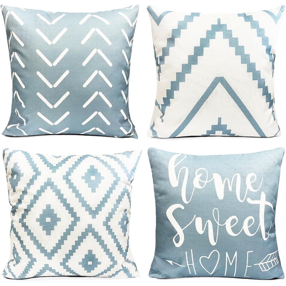 Decorative Throw Pillow Covers 16x16 inch Set of 4 Sky Blue Pillow Covers for Couch Sofa Bed Living Room,Farmhouse Outdoor Throw Pillow Cover,Modern Geometric Linen Square Throw Pillow Cases