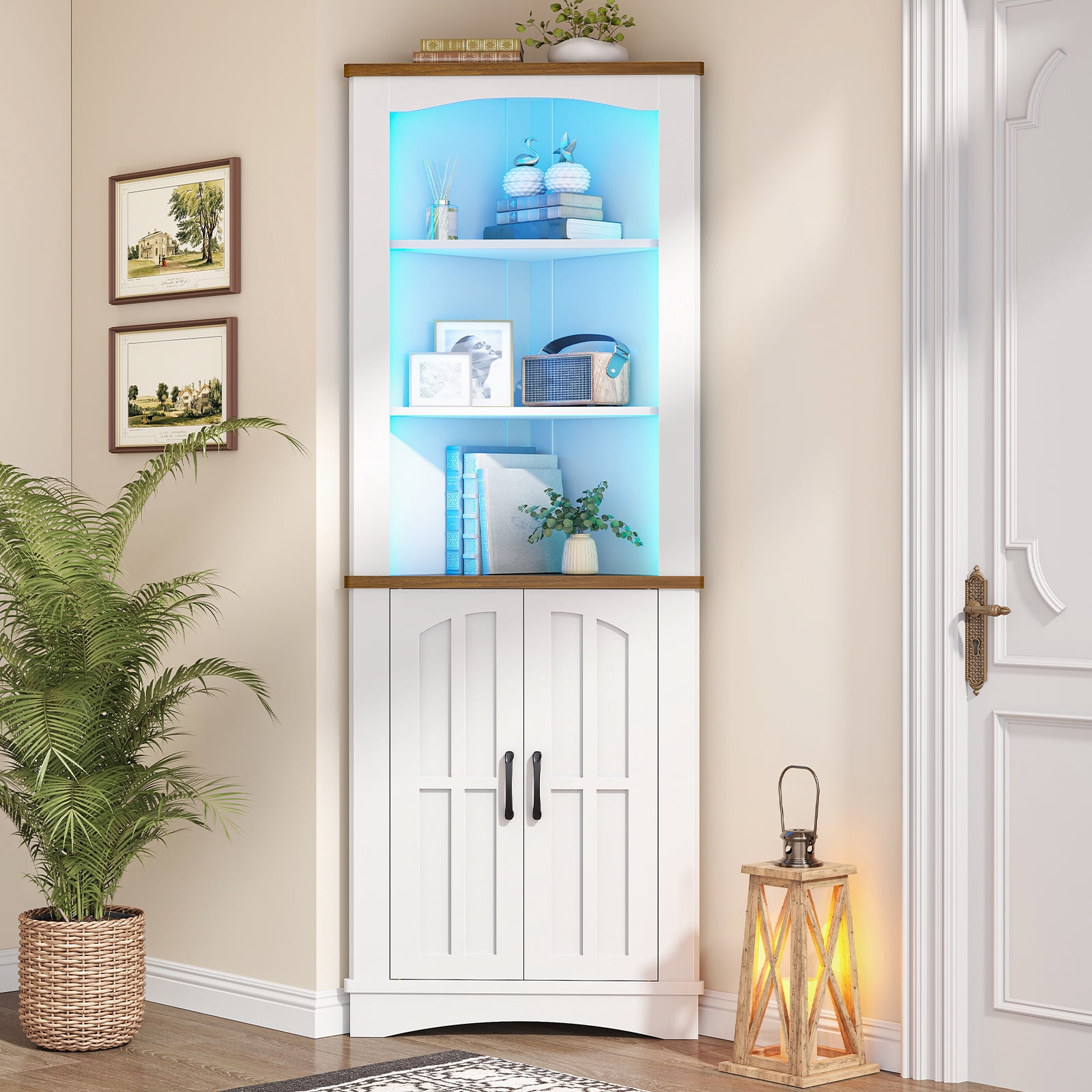 HOOBRO Corner Cabinet with LED Lights, 67" Tall Farmhouse Corner Storage Cabinet with Doors, 5-Tier Corner Shelf Bookcase, Bathroom Hutch, for Living Room, Kitchen, White and Walnut WH74DCJ01