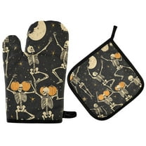 Yayeee Oven Mitts and Pot Holder Set of 2 Heat Resistant Kitchen Gloves Baking Hot Pad, Halloween Dancing