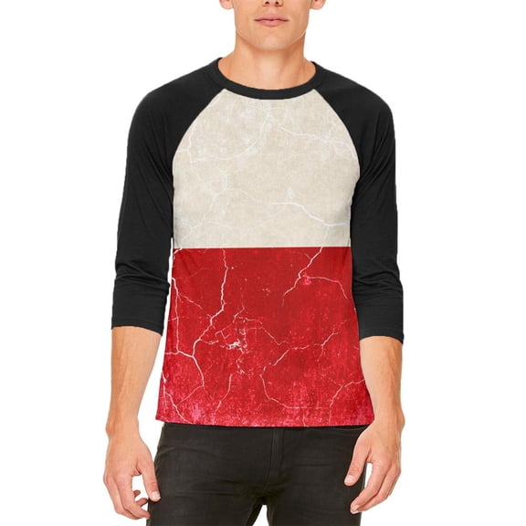 Distressed Grunge Polish Flag Mens Raglan T Shirt White-Black X-LG