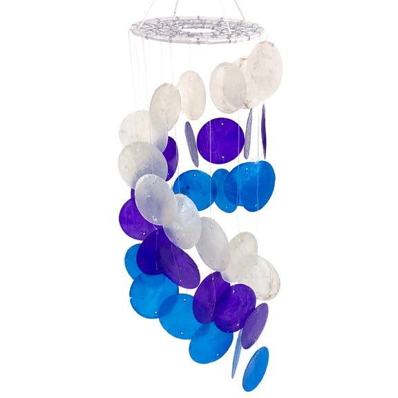 Shell Capiz Windchime - 17" Spiral Indoor Outdoor Hanging Coastal Home Décor, Blue, Purple, and White