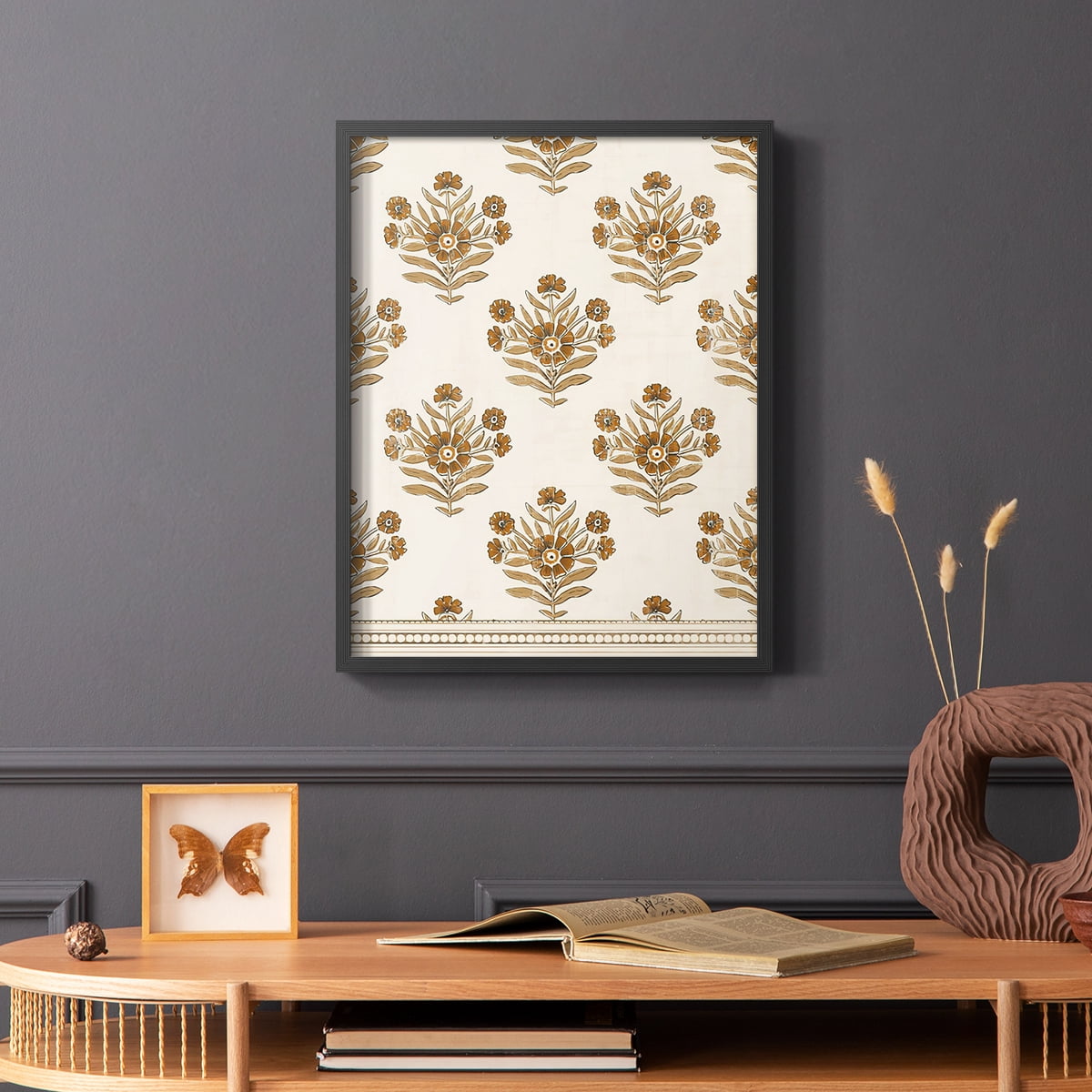 Block Print Blooms I Framed Print in Black Solid Wood Framed Print No Nail Hanging