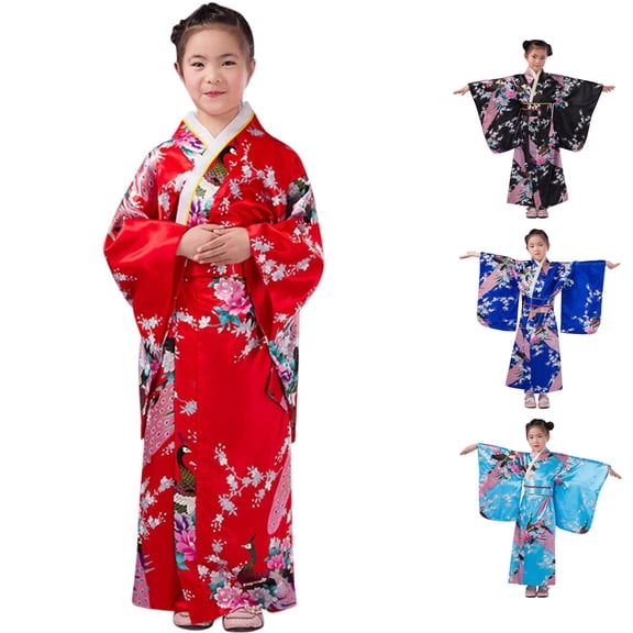 FYDUU Toddler Kids Baby Girls Dresses Long Sleeve Kimono Robe Traditional Dress Halloween Outfit Kimono Dress for Girls 6-7 Years
