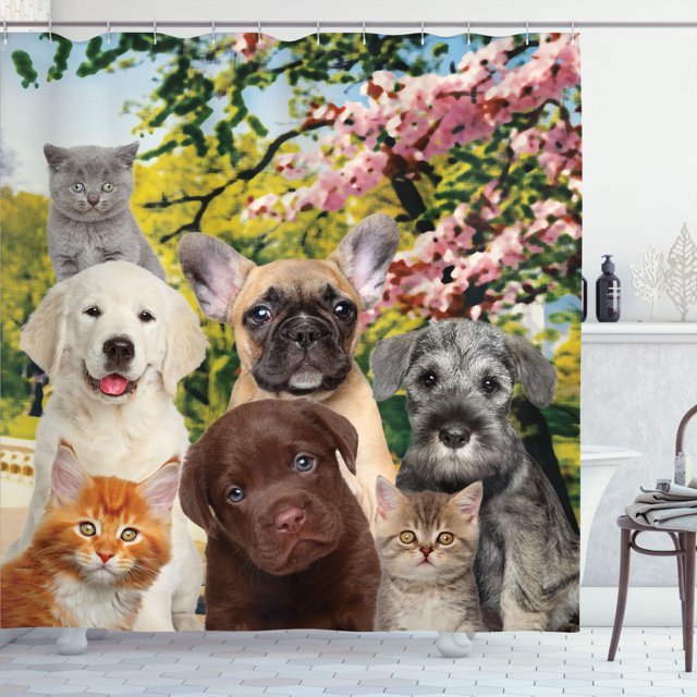 Ambesonne Animals Shower Curtain, Dogs and Cats Spring Park, 69"Wx84"L