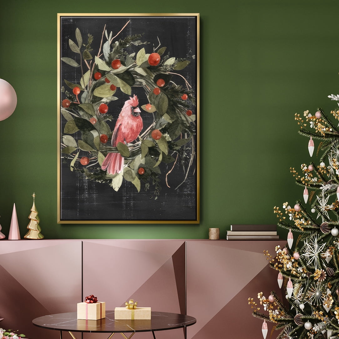 Christmas Cardinal II - Framed Gallery Wrapped Holiday Canvas - 27 x 41 - Gold Frame