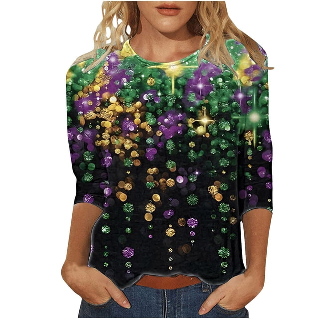Liquidation! Uooqdmx Hauts Grande Taille pour Femmes Manches 3/4 Hauts pour Femmes Imprimé Carnaval Paillettes Manches 3/4 Col Rond Hauts d'Automne pour Femmes Noir TG