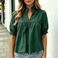 thumbnail image 4 of ClodeEU Women's V Neck Puff Short Sleeve Pleated Blouse,Casual Loose Swing Tunic Top Green,Women's Plus S, 4 of 6