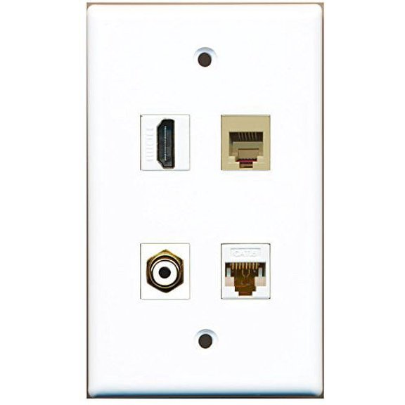 RiteAV - 1 Port HDMI 1 Port RCA White 1 Port Phone RJ11 RJ12 Beige 1 Port Cat6 Ethernet White Wall Plate