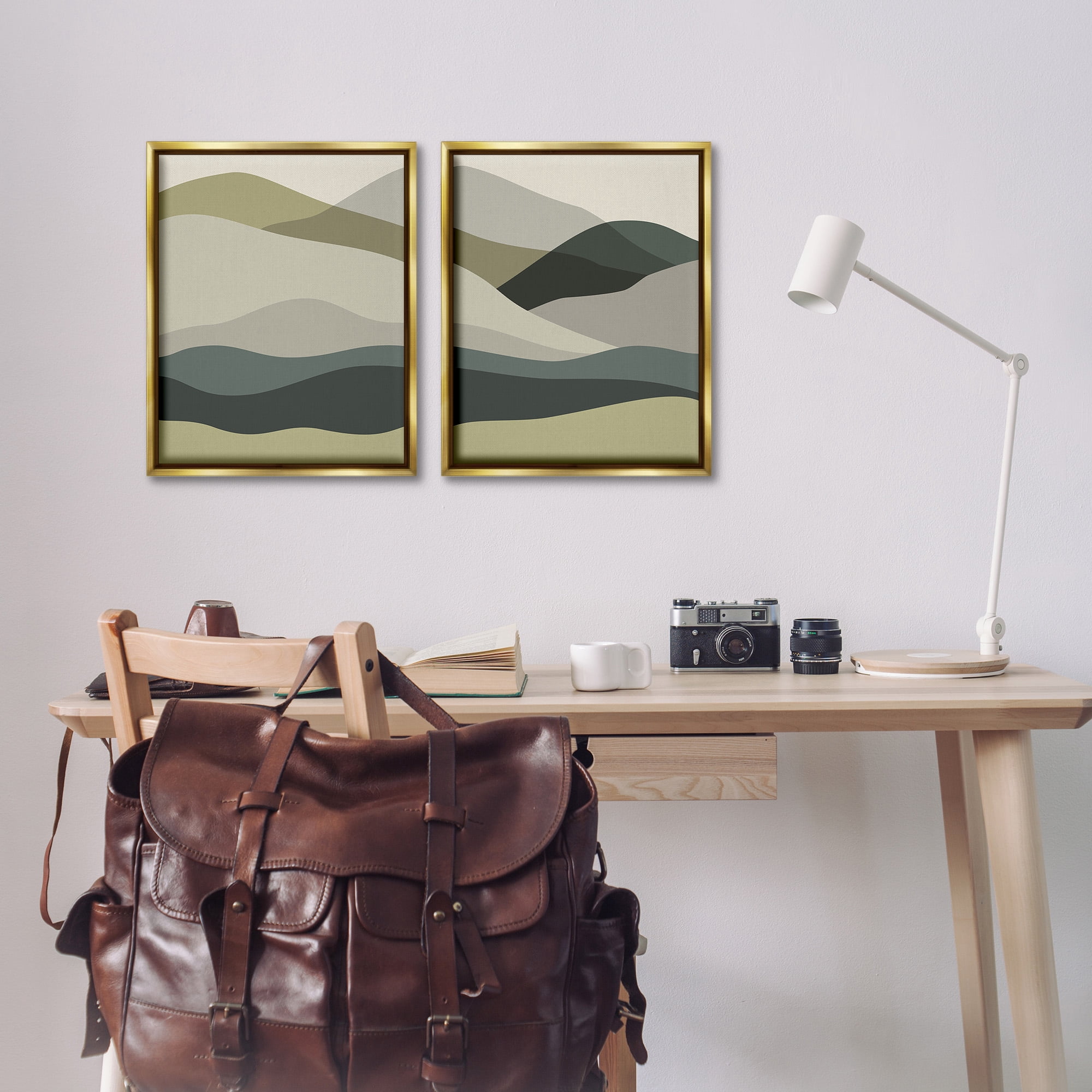 Stupell Industries Modern Green Mountains Landscape Painting Gold Floater Framed Canvas Art Print Wall Art, 17 x 21, Set of 2