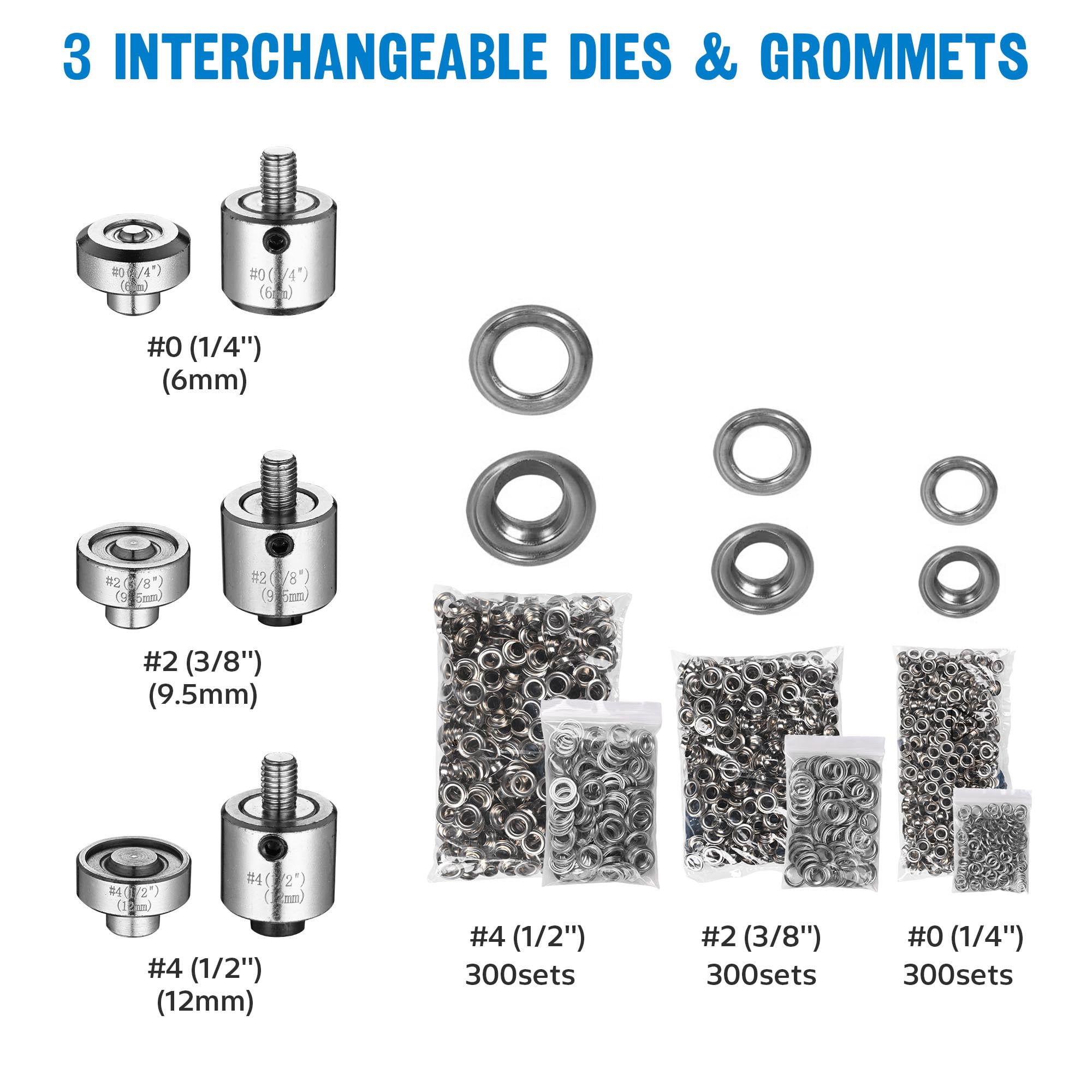 Yescom 1/4" 3/8" 1/2" Grommet Tool Kit #0 #2 #4 Grommet Press Machine with Rolling Base 900 sets of Grommets and Washers