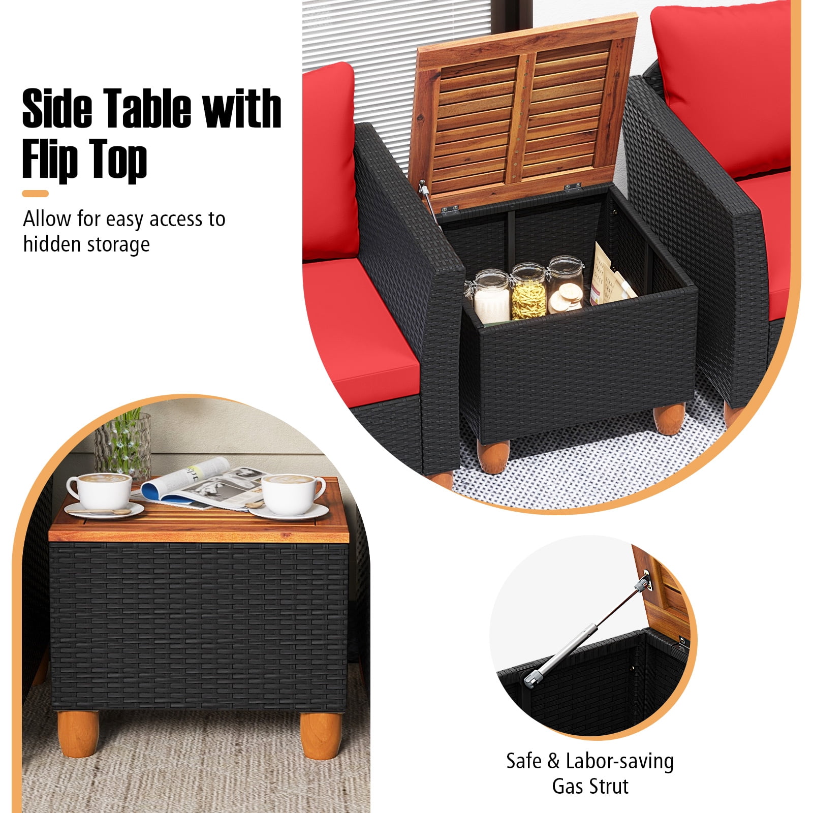 Costway 3PCS Outdoor Patio Rattan Furniture Set Wooden Table Top Cushioned Sofa Red