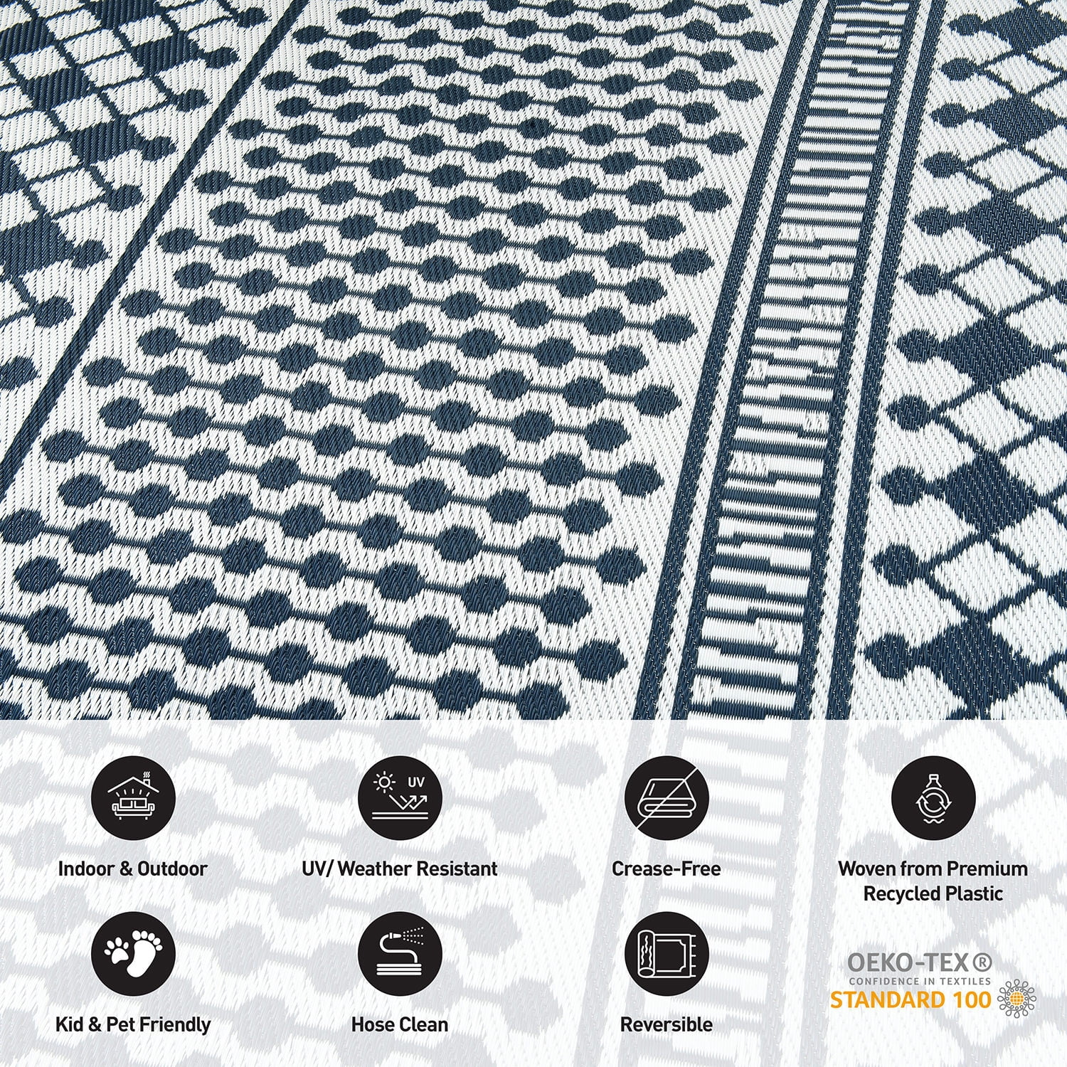 World Rug Gallery Contemporary Bohemian Geometric Reversible Recycled Plastic Outdoor Picnic Mat, Camping Rug, RV Rug - BLUE 5'x7'