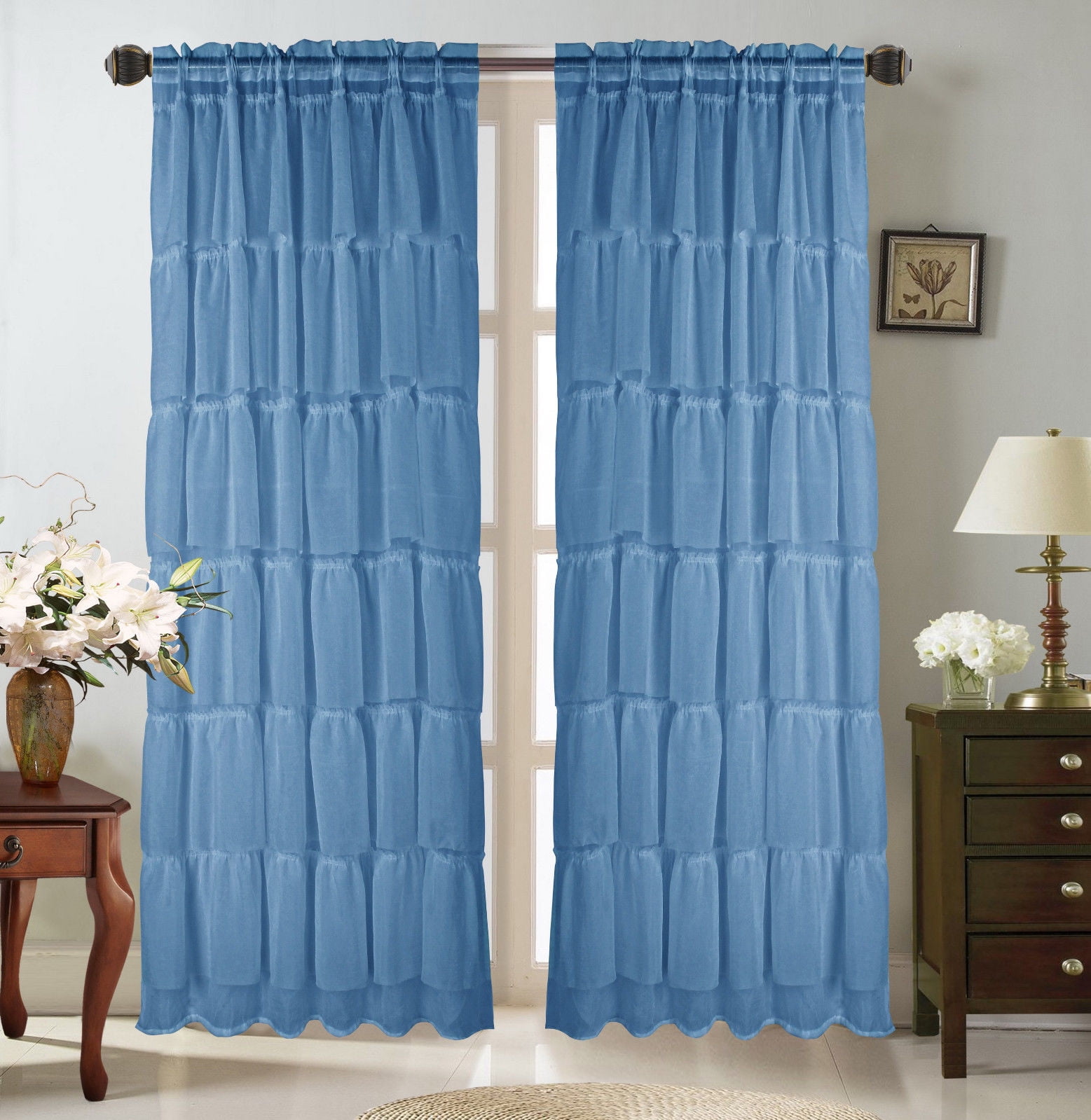 2 PIECES NAVY BLUE Gypsy Ruffled Rod Pocket Sheer Window Curtain Panel 55"W x 84"L