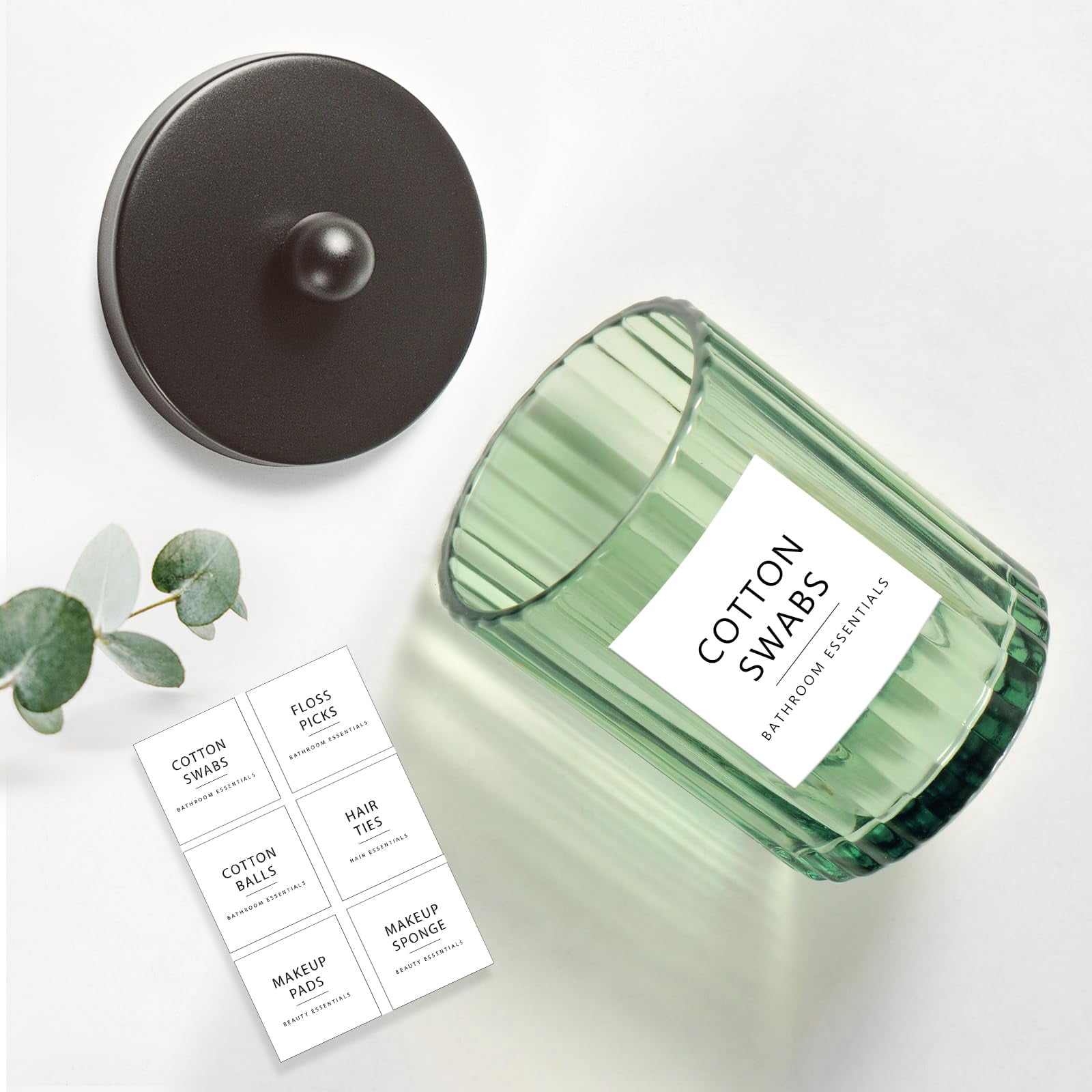 Sage Green Glass Apothecary Jar, Qtip Holder Dispenser for Cotton Swabs, Balls, Makeup Pads, Floss Picks, Bathroom Essential Accessories, Countertop Canister Storage Organizer (Black, 2 Pack)