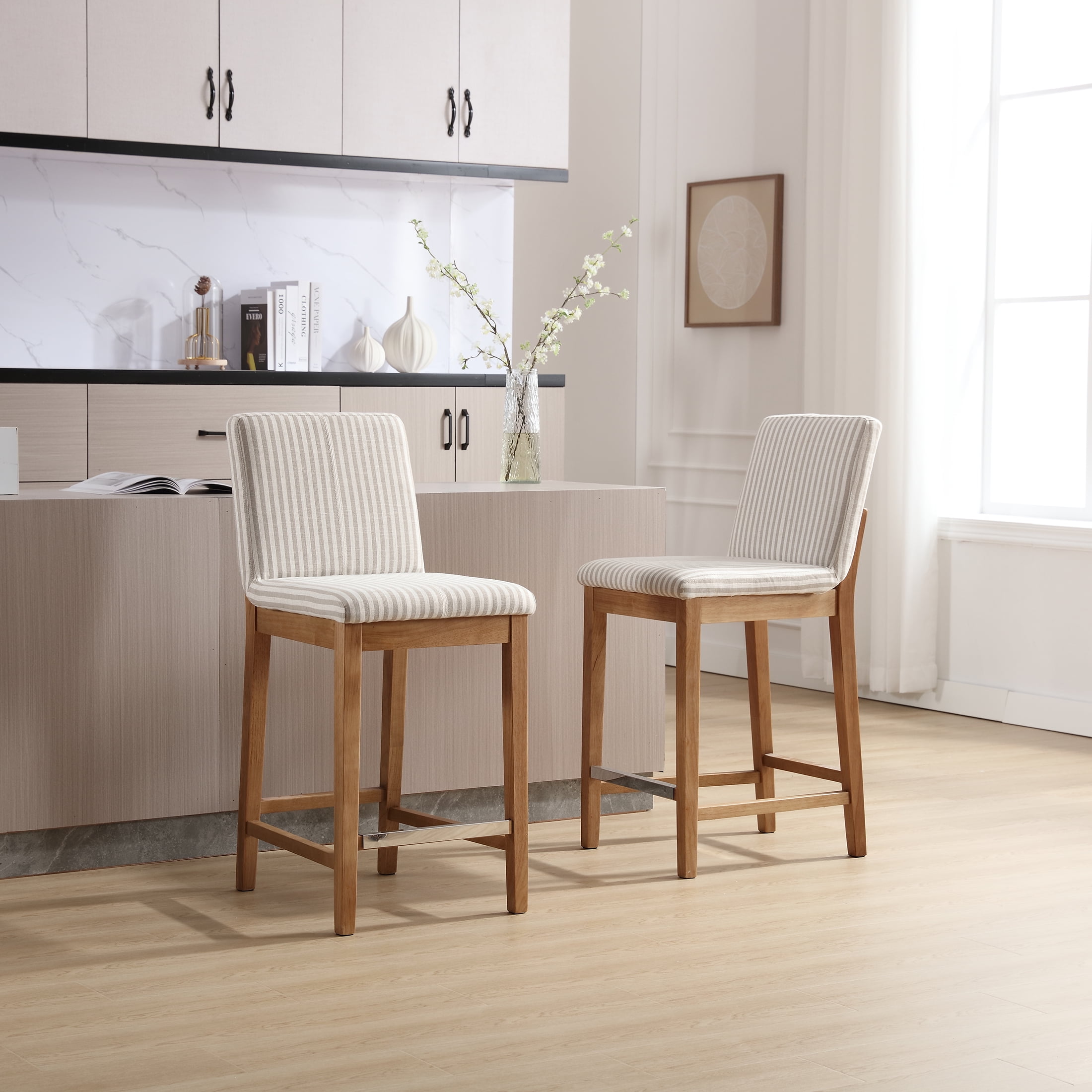 Guyou 26" Counter Height Bar Stools Set of 6, Modern Linen Upholstered Barstools, Rustic Farmhouse Wooden Kitchen Island Chairs with Backrest for Dining Room Home Bar Patio Club, Khaki Stripe