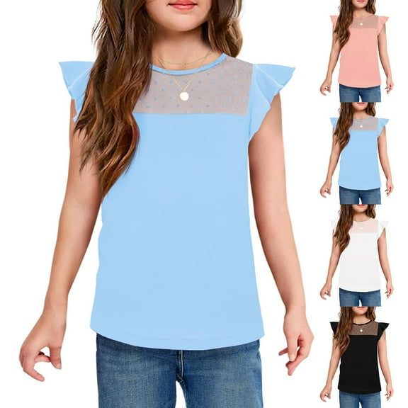 ADSSDQ Girls Summer Cute Swiss Dot Mesh Sleeve T Shirts Ruffle Flutter Crewneck Blouses for 11-12 Years Pink