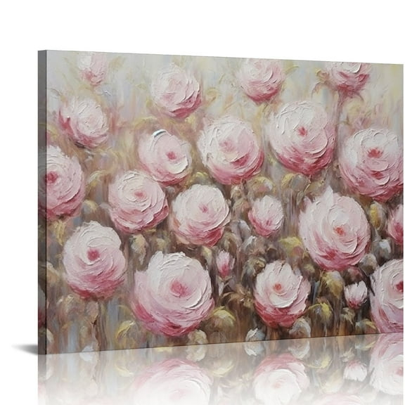Nawypu Wall Art Pink Flowers Canvas Floral Abstract Rose Bloosom Painting Textured Picture Grey Modern Artwork Framed for Bedroom Living Room Bathroom Office Home Large Decor