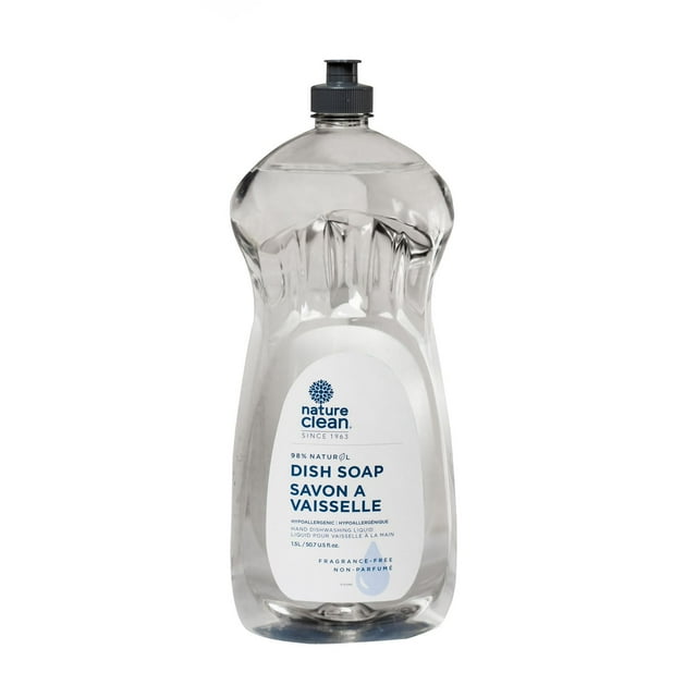 1.5L clear bottle of Nature Clean fragrance-free, 98% natural dishwashing liquid with hypoallergenic formula.