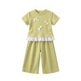 thumbnail image 5 of OGLCCG Kids Girls 2 Piece Outfits Short Sleeve Lace Bow Shirt Tops and Baggy Capri Pants Summer Casual Cute Girls Clothing 2-10 Years, 5 of 5